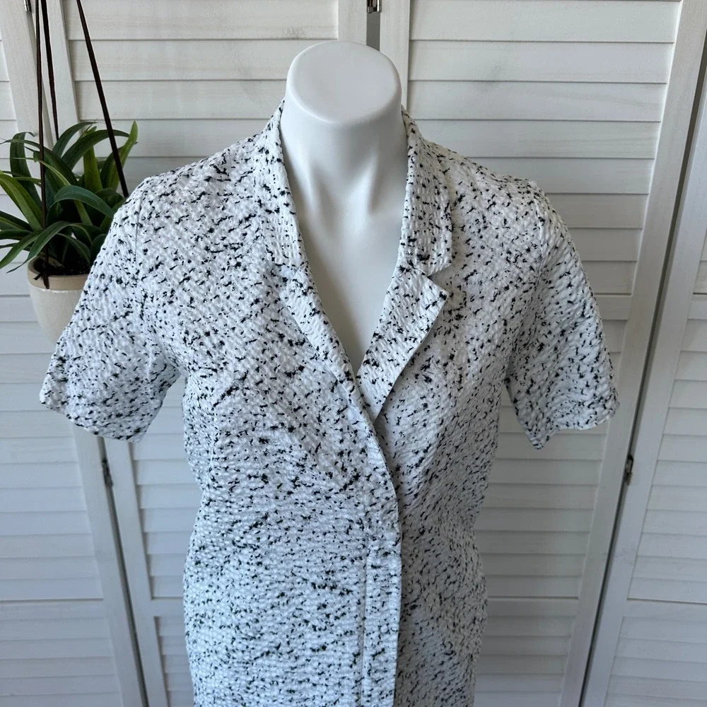 COS Crinkled Zip Front‎ Dress White Black Speckled Short Sleeve Collared Size 6